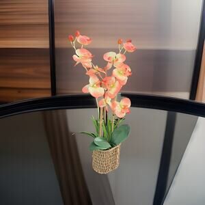 Artificial Orange Orchid Arrangement in Woven 6” Planter Basket